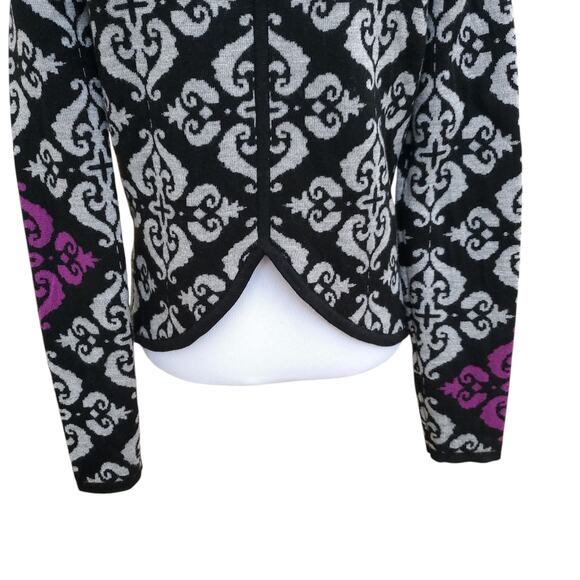 NEVE Geometric Wool Cardigan Jacket Hook Eye Notched Back Black Gray Purple Sz S - Picture 14 of 16